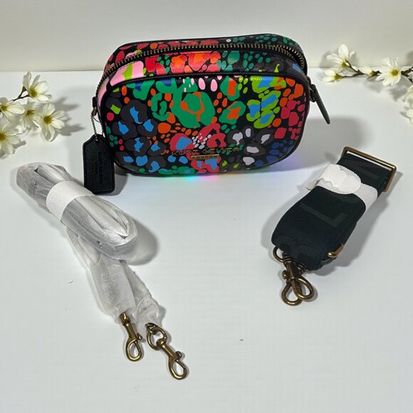 Kurt Geiger London Hampstead camera bag in a black leather and multi-color